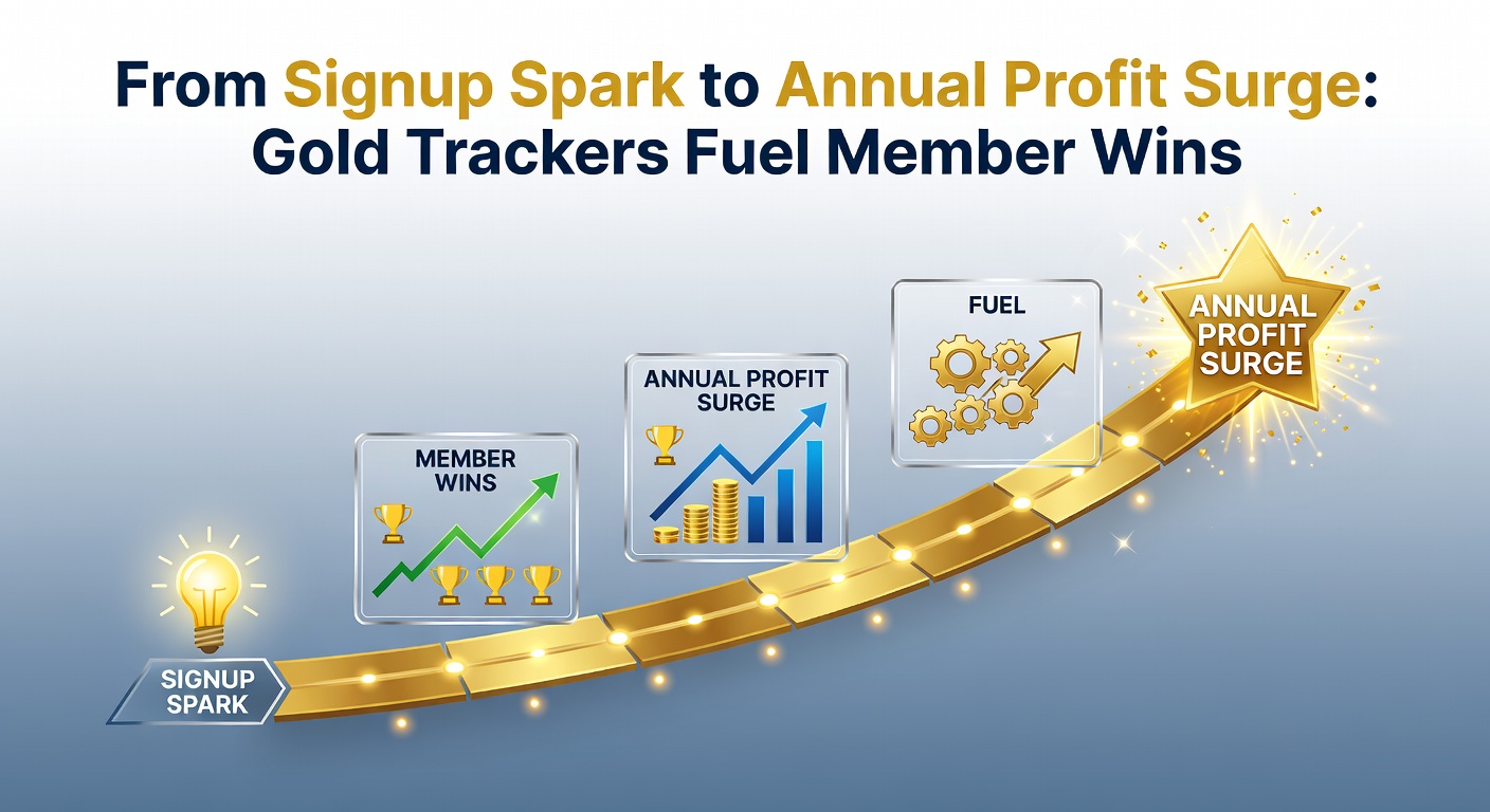 Dashboard screenshot of a gold tracker showing mid-year profit momentum with peer benchmarks and predictive forecasts