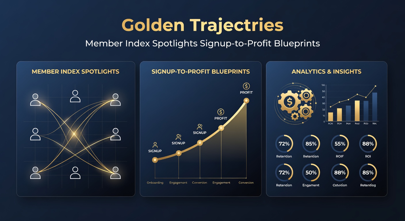 Infographic of member profit curves, showing multiple golden trajectories diverging from signup baseline to peak annual returns in Gold service