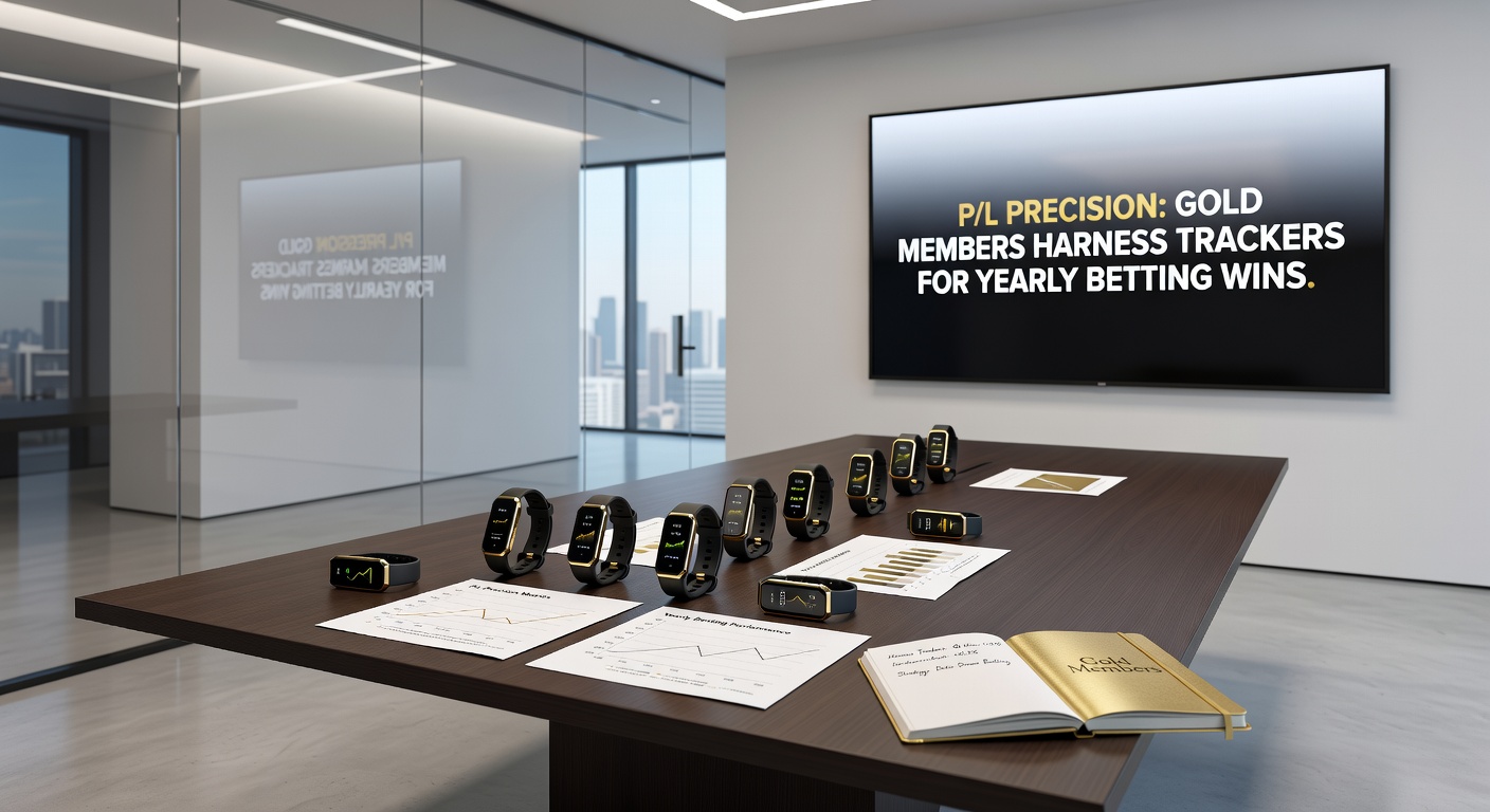 Close-up of gold member using P/L precision tracker on mobile device displaying yearly profit charts and bet logs