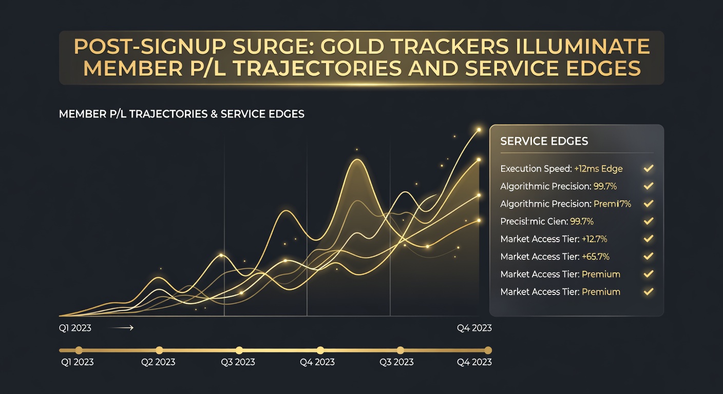 Dashboard screenshot of a gold tracker showing a member's P/L trajectory, with green upward lines for profits and service edge metrics highlighted