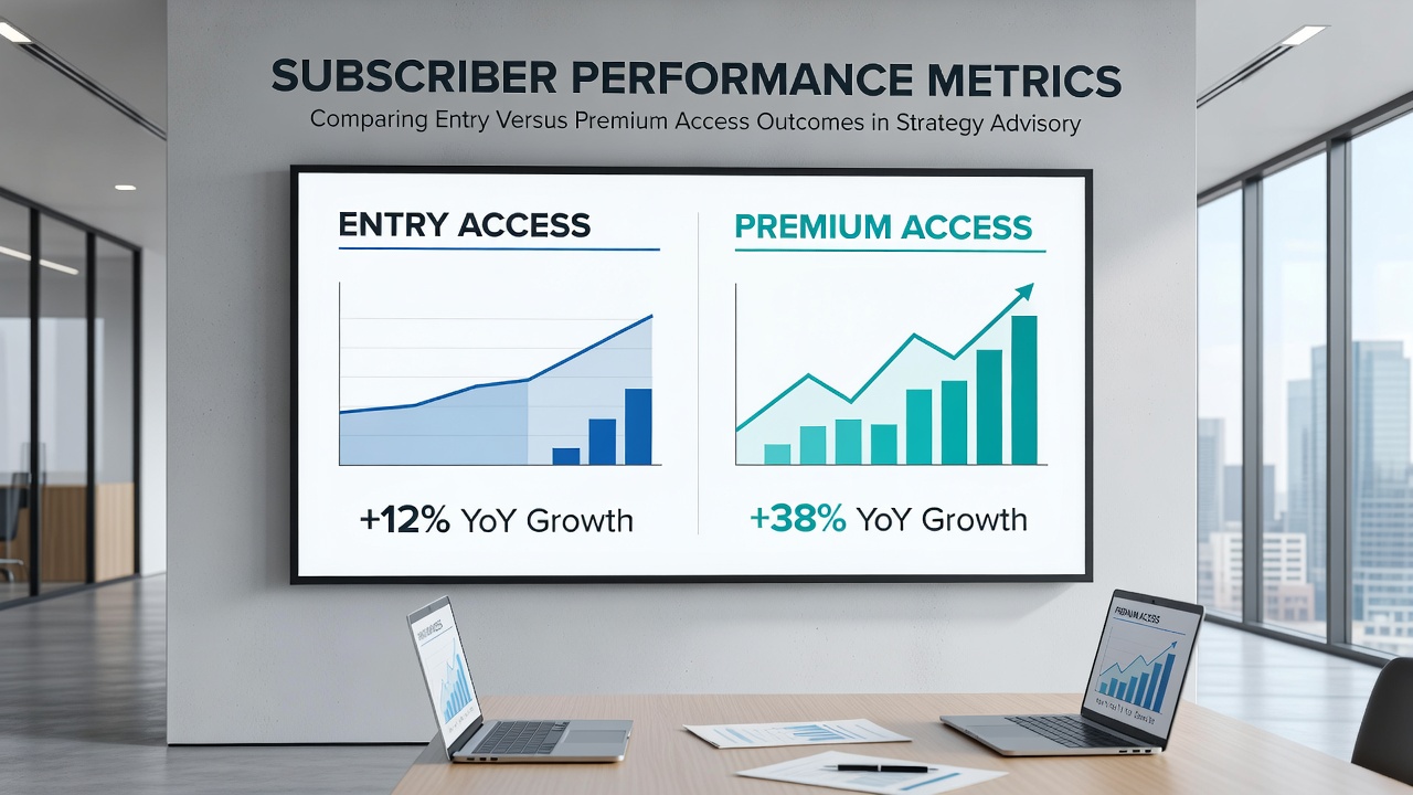 Chart displaying outcome variations and return distributions for entry versus premium subscribers in advisory programs