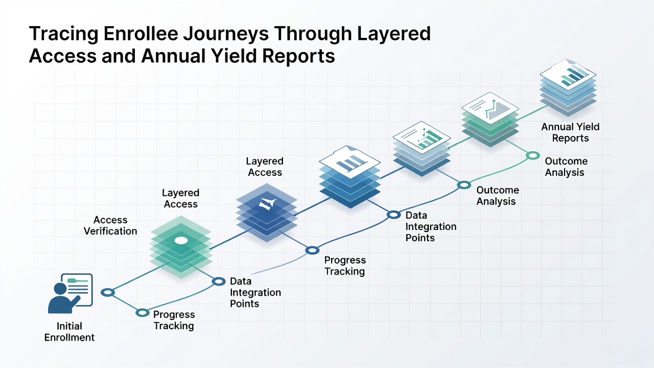 Screenshot of an annual yield report dashboard displaying layered access milestones and enrollee progression timelines